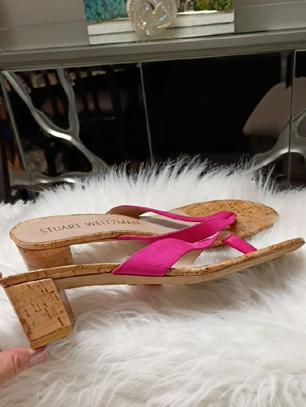 Stuart Weitzman Brigida Fuchsia Cork Block Heel Thong Mules Sandals 7.5 - Picture 5 of 15